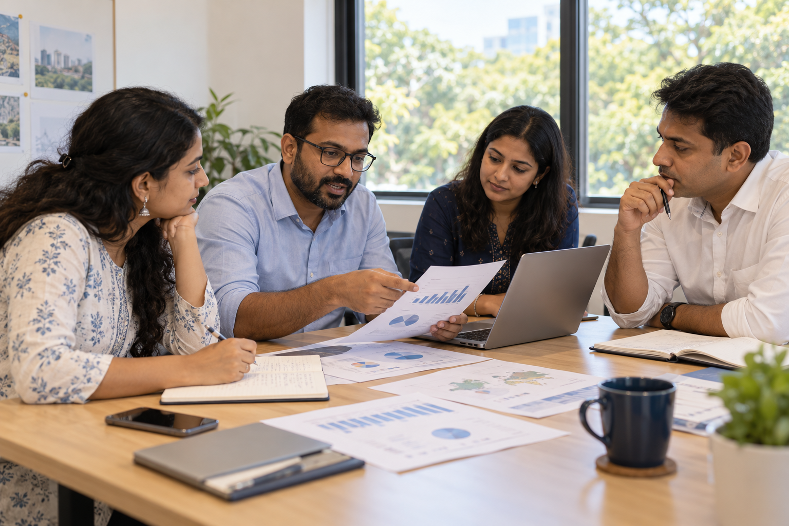 Illustrative Indian professionals discussing research in a Bengaluru-style office